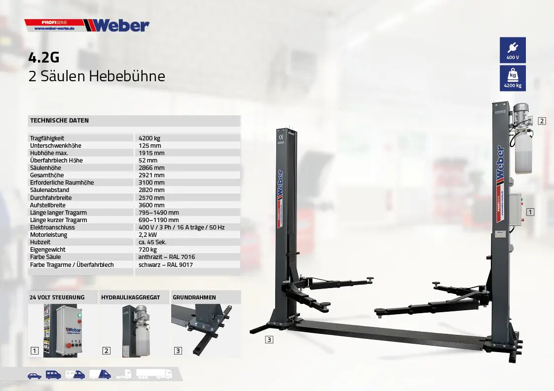 2 Säulen Hebebühne Weber Profi Serie 4.2G mit Grundrahmen