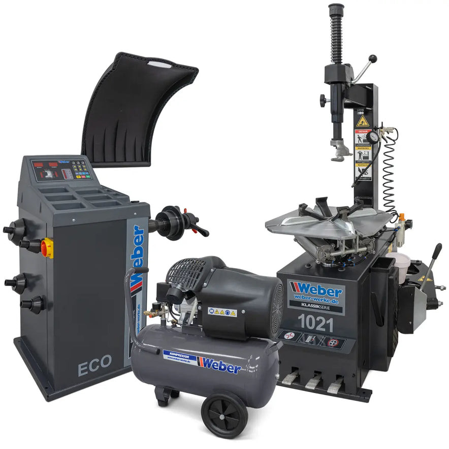 PKW Reifenmontiermaschine 1021 und Radwuchtmaschine "ECO" inkl. Werkstattkompressor 230 V / 10 bar / 50 l Tank