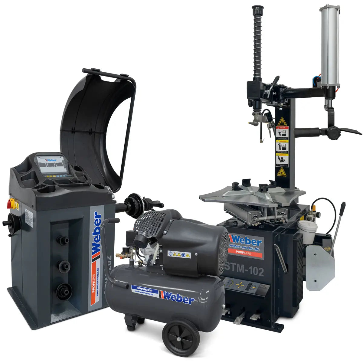 PKW Reifenmontiermaschine STM-102 und Radwuchtmaschine STW-202 inkl. Hilfsmontagearm rechts und Werkstattkompressor 50 l GRATIS