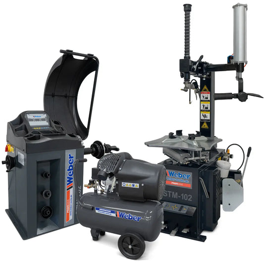 PKW Reifenmontiermaschine STM-102 und Radwuchtmaschine STW-202 inkl. Hilfsmontagearm rechts und Werkstattkompressor 50 l GRATIS