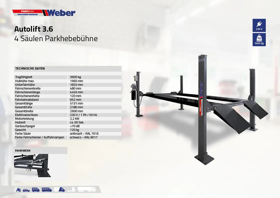 Mobile 4 Säulen Parkhebebühne Weber Profi Serie Autolift 3.6