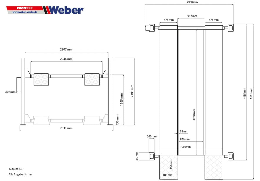 Mobile 4 Säulen Parkhebebühne Weber Profi Serie Autolift 3.6