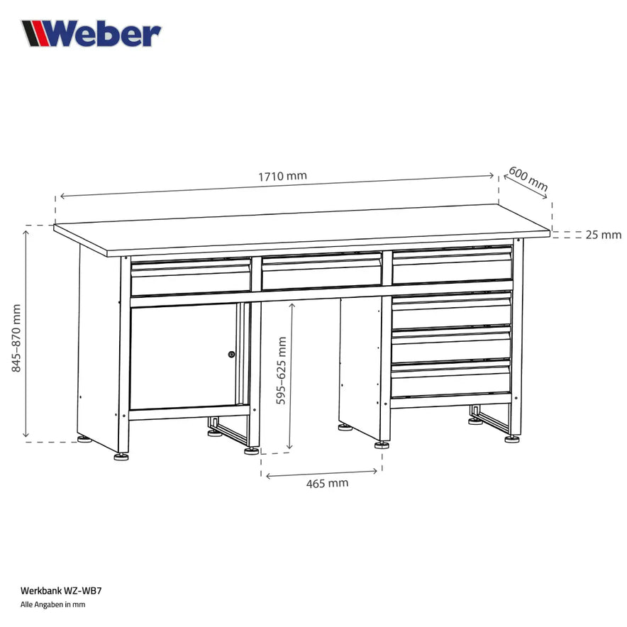 Werkbank mit 6 Schubladen, Schließfach und 171 x 60 cm Holzarbeitsplatte