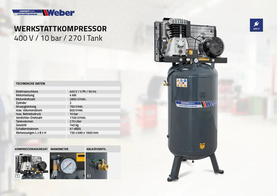 Werkstattkompressor 400 V / 10 bar / 270 l Tank